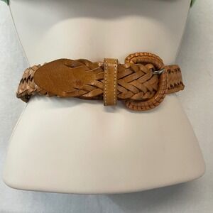 Omega Vintage 1980s Braided Leather Belt Woven Tan Buckle Boho Womens sz Lg
